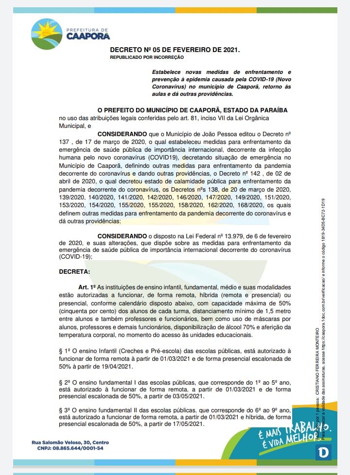 Prefeitura de Caaporã publica DECRETO Nº 005/2021, estabelecendo novas medidas acerca do COVID-19