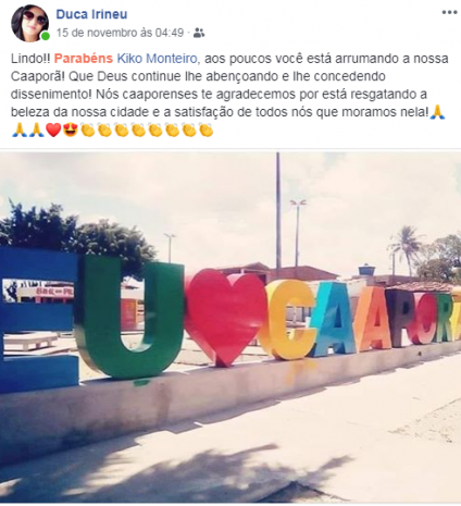 Praça do Colorido ganha novo visual com letreiro EU AMO CAAPORÃ