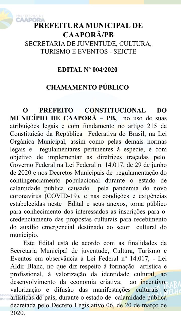 Prefeitura de Caaporã publica Edital Nº 004/2020 - Chamamento Público