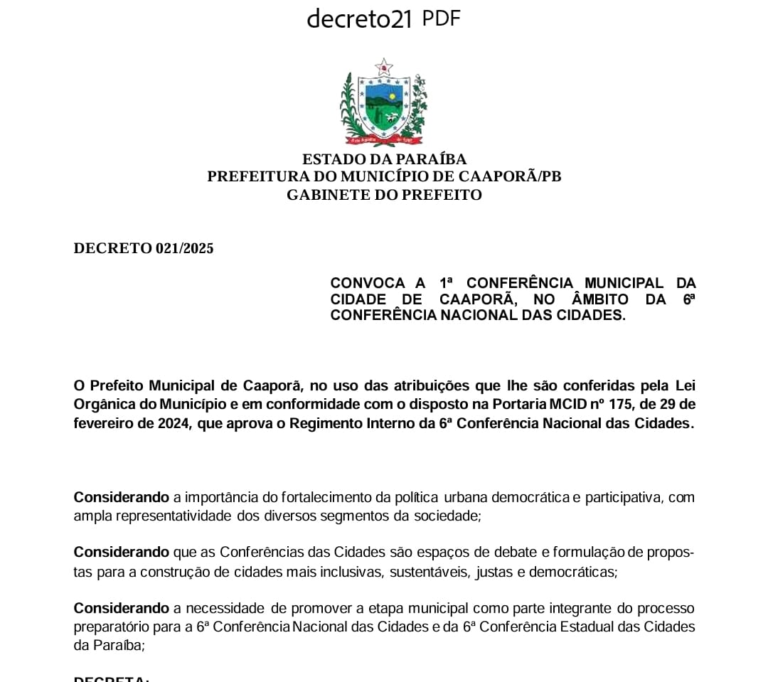 Publicado decreto de convocação da Conferência Municipal da Cidade de Caaporã