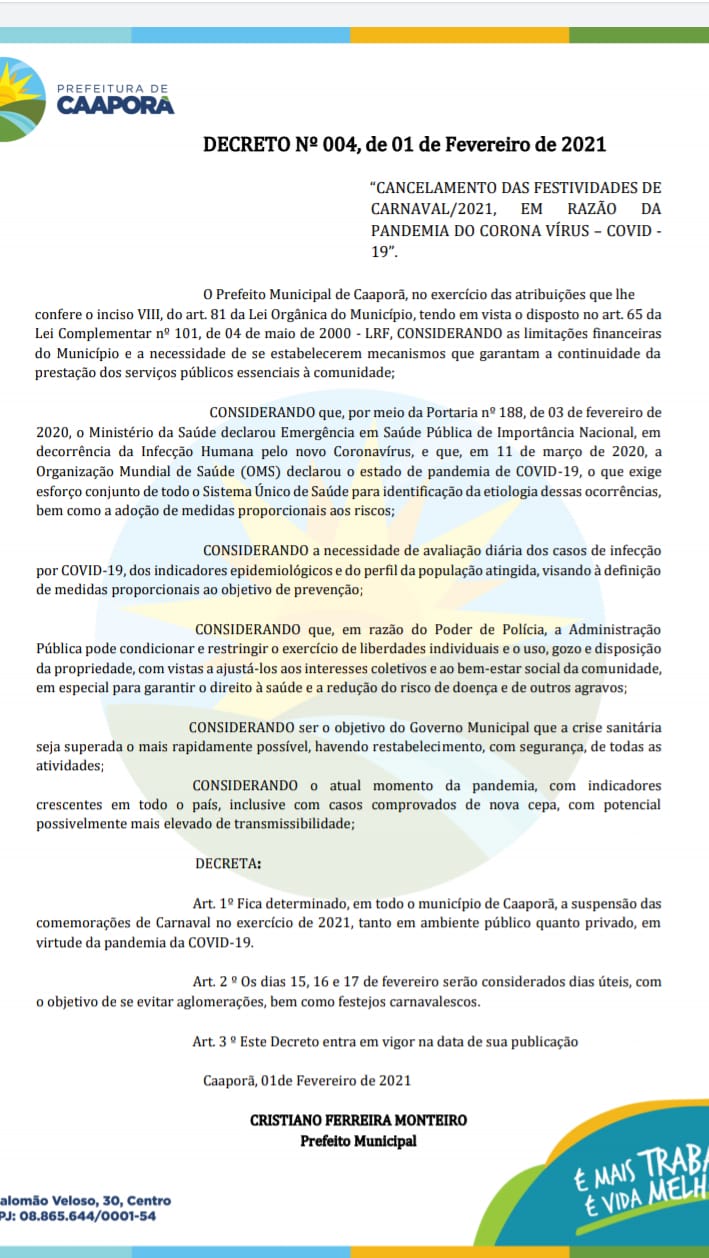 Prefeitura de Caaporã publica Decreto Nº 004/2021, acerca do cancelamento das festividades de Carnaval/2021