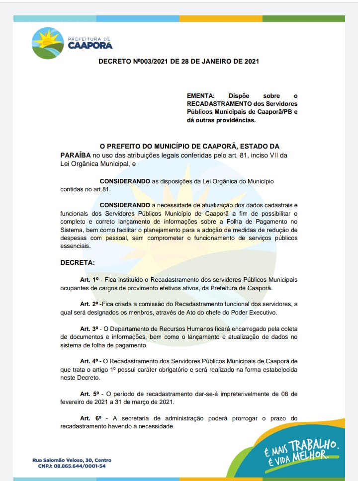 Prefeitura de Caaporã publica DECRETO Nº003/2021
